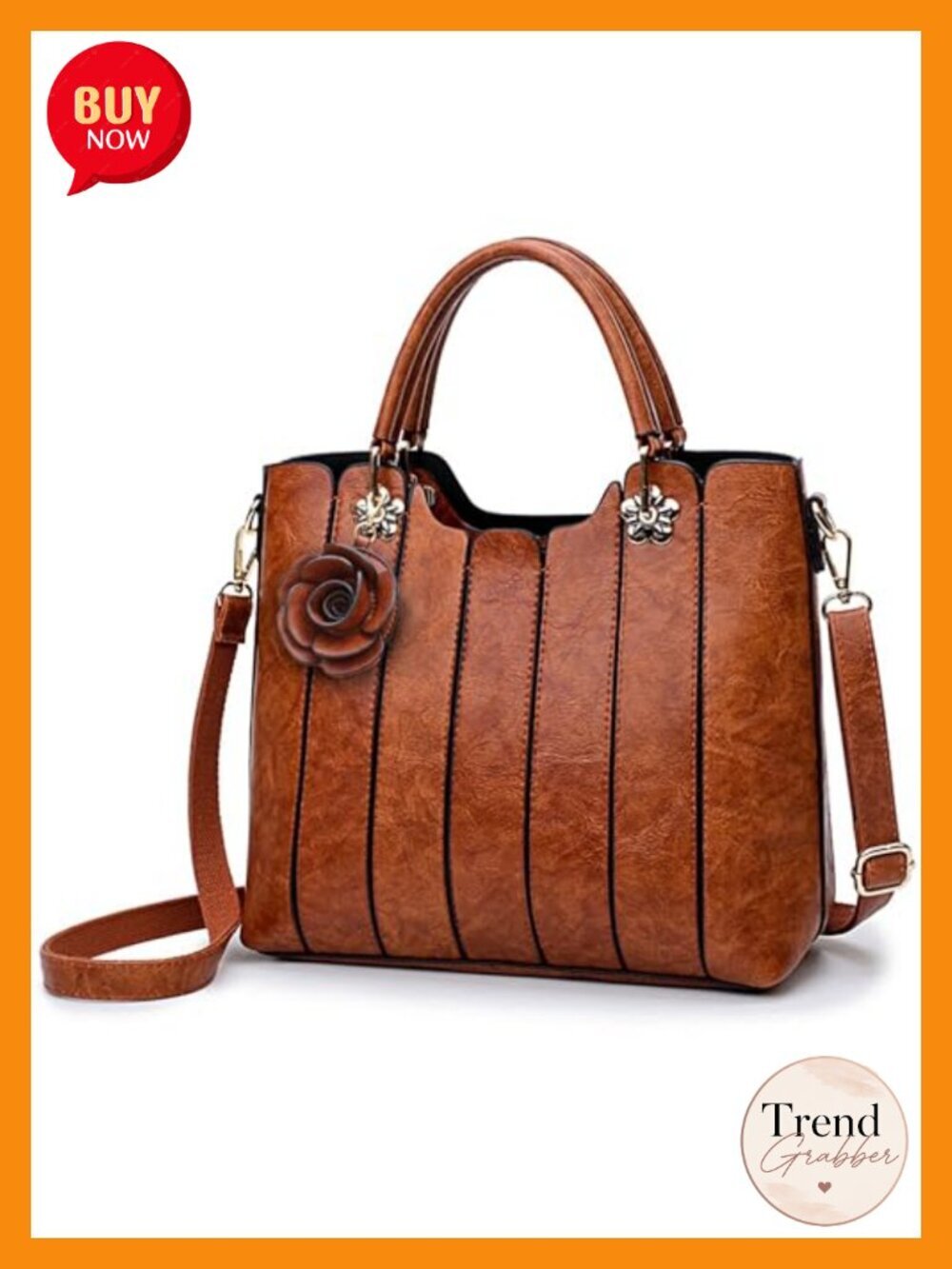 Vegan Leather Top Handle Satchel Purse with Rosette Charm 3-Way Crossbody Bag